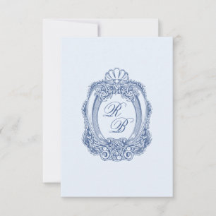 Baroque Vapensköld Fransk Blue Initialer Bröllop Anteckningskort