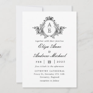 Baroque Vapensköld Monogram Black and White Bröllo Inbjudningar