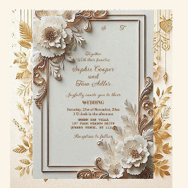 Baroque White Flowers Opulence Ivory Gold Frame  Inbjudningar