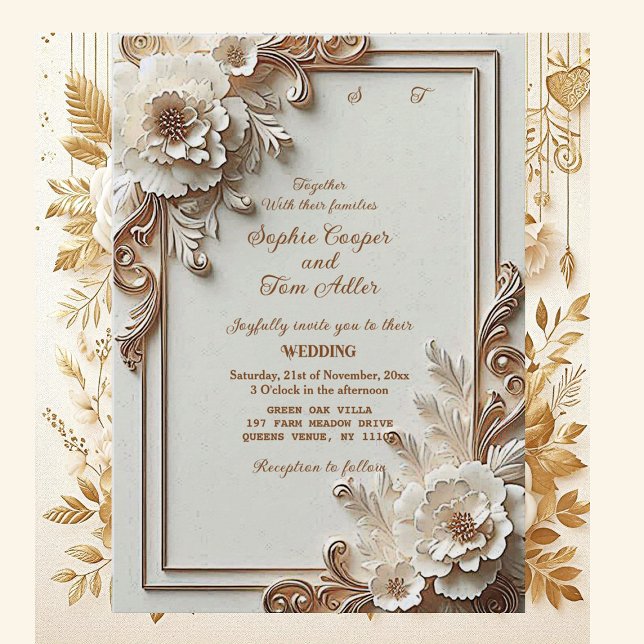Baroque White Flowers Opulence Ivory Gold Frame  Inbjudningar (Baroque White Flowers Opulence Ivory Gold Frame Invitation)