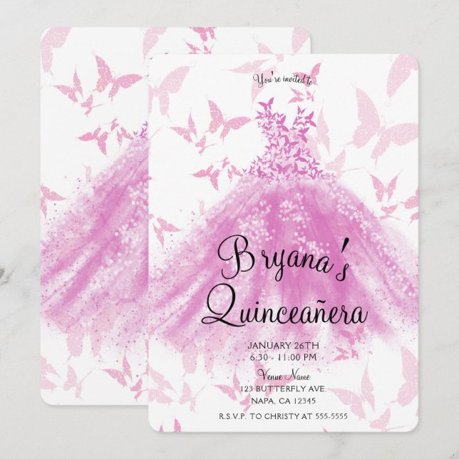 Bärpink Butterfly Dansklänning Quinceañera Inbjudningar (Fram/baksida)