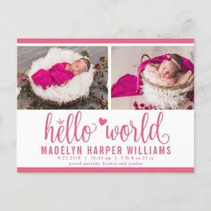 Bärpink Hello World Foto Födelsestadistik Meddelande Vykort