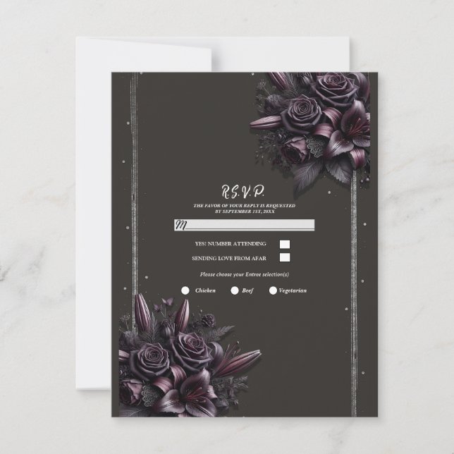 Bärpurpur svart lilja ros blommande bröllop RSVP Inbjudningar (Framsida)