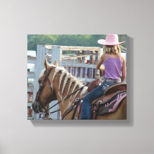 Barrel Tävling Girl and Palomino Horse Canvastryck