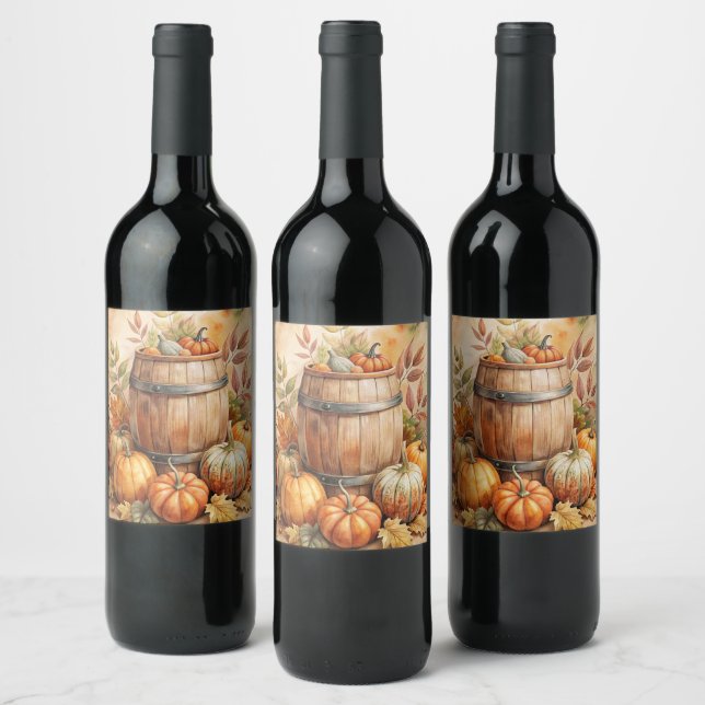Barrel with Pumpkins Fall Vinflaska Etikett (Flaskor)