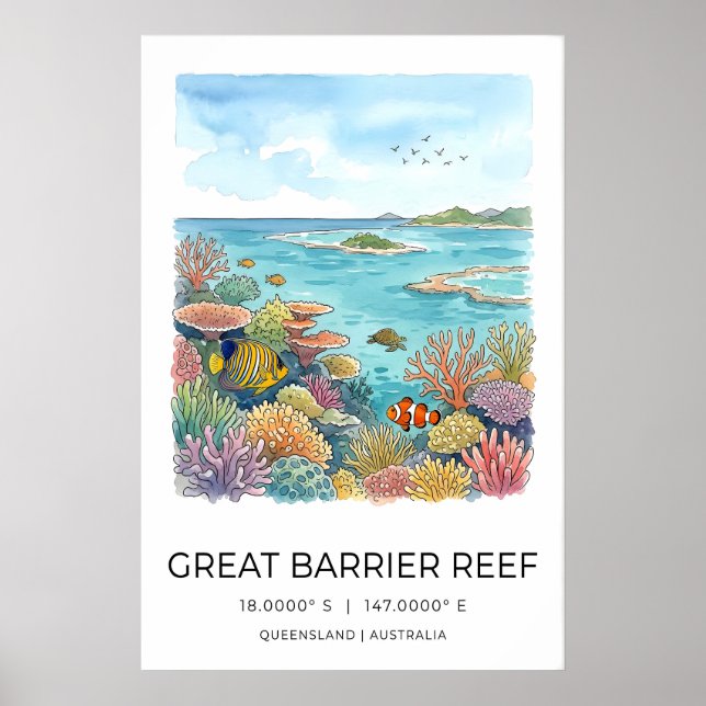 Barriärrevet Akvarell Art Print Korall och Poster (Framsidan)