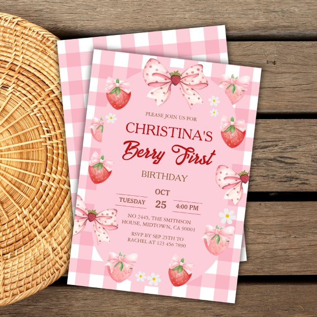 Bärry ettårs födelsedag rosa jordgubbs gingham fli inbjudningar (Skapare uppladdad)