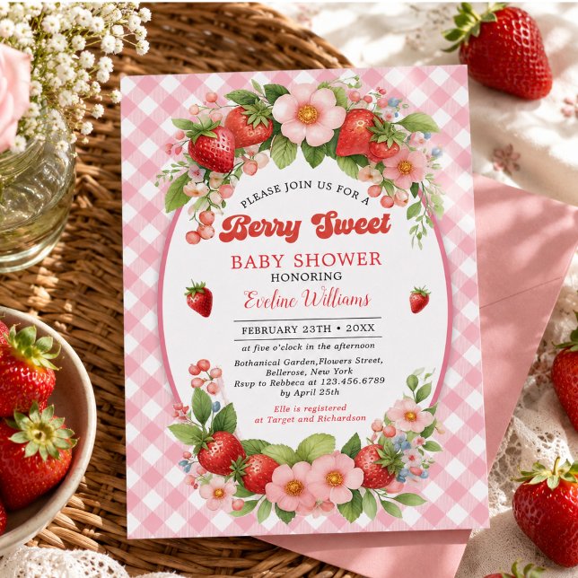 Bärsoet Jordgubbs 1-års födelsedagsfest Inbjudningar (Berry Sweet Strawberry 1st Birthday Party Invitation)
