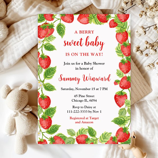 Bärsoet Jordgubbs Baby Shower Inbjudningar (Skapare uppladdad)
