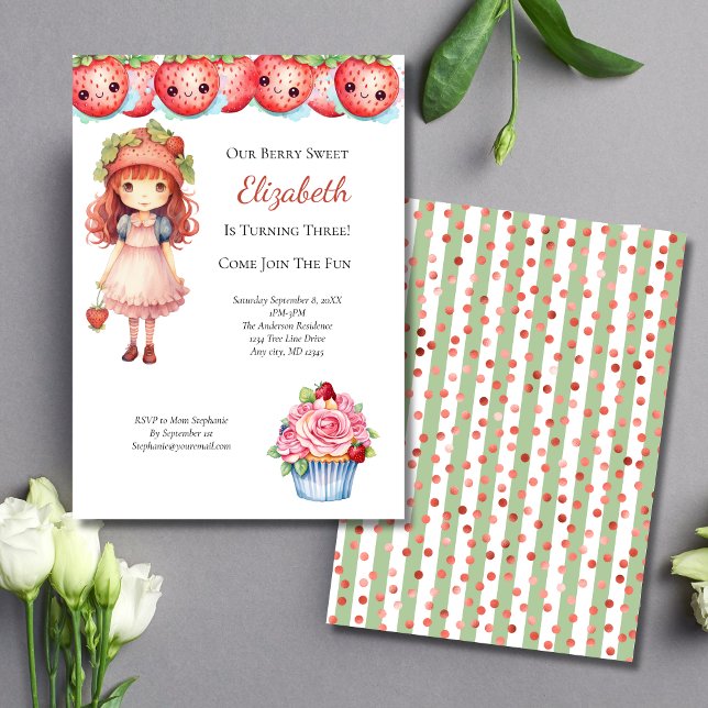 Bärsoet Jordgubbs Tjej Födelsedagsfest  Inbjudningar (Berry Sweet Strawberry Girls Birthday Party Invitation)