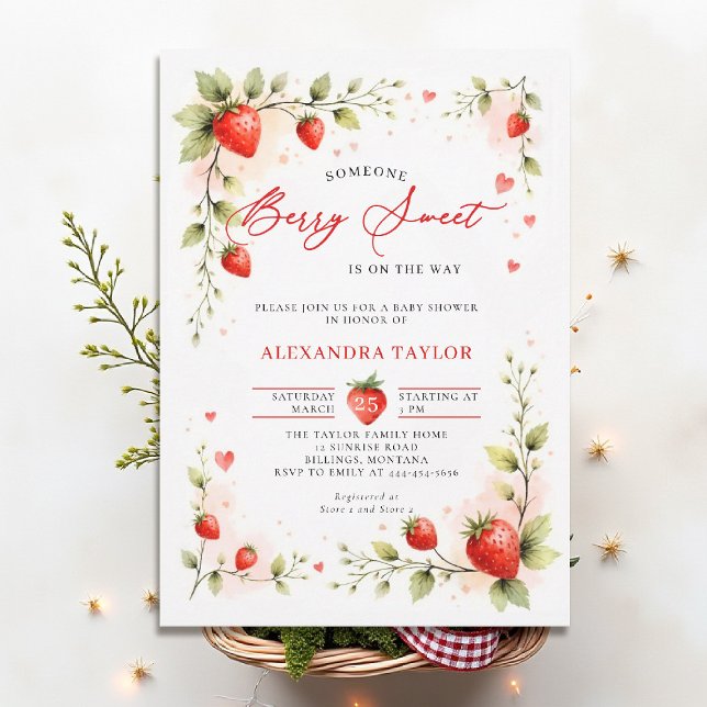 Bärsoet Jordgubbs Trädgård Sommar Bebis Shower Inbjudningar (berry sweet baby shower invitation fruit strawberry theme art watercolor garden farmhouse)