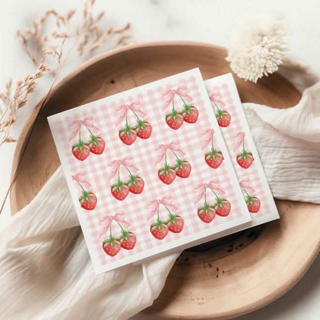 Bärsoet Jordgubbsfödelsedag Rosa Rutig Pappersservett (Skapare uppladdad)