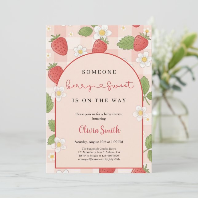 Bärsoet rosa jordgubbs-babyshowerfest inbjudningar (Stående Fram)