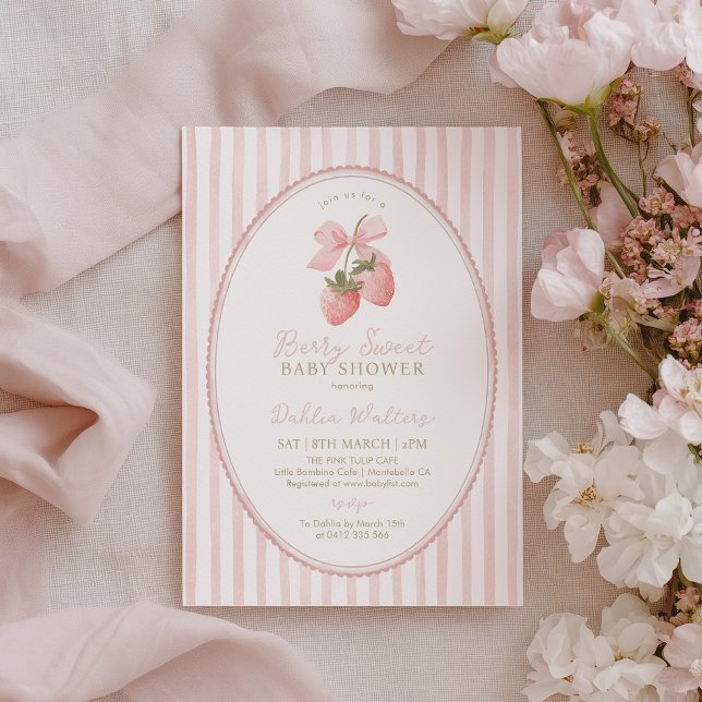 Bärsoet rosa randig baby shower inbjudningar (Berry Sweet Baby Shower Invitation with pink stripes)