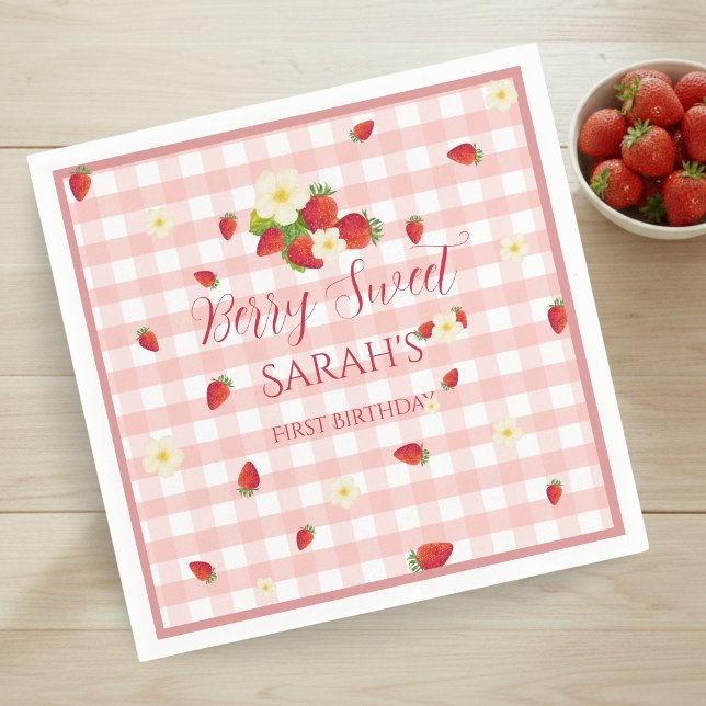 Bärsoett Jordgubb 1-års Födelsedagsfest Pappersservett (Berry Sweet Strawberry 1st Birthday Party Napkins)