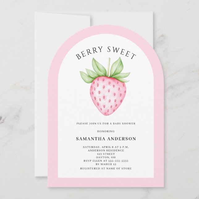 Bärsoett Rosa Jordgubbsbåge Flicka Baby Shower Inbjudningar (Framsida)