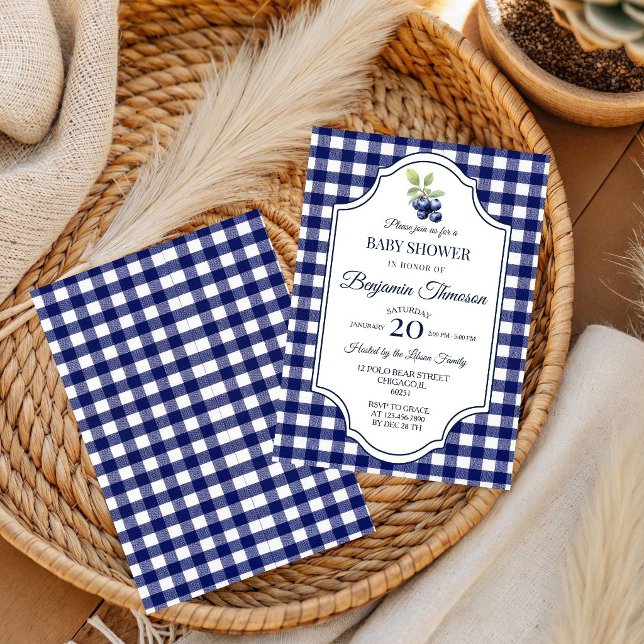 Bärsoß Blå Gingham Barnkalas Inbjudan (Skapare uppladdad)