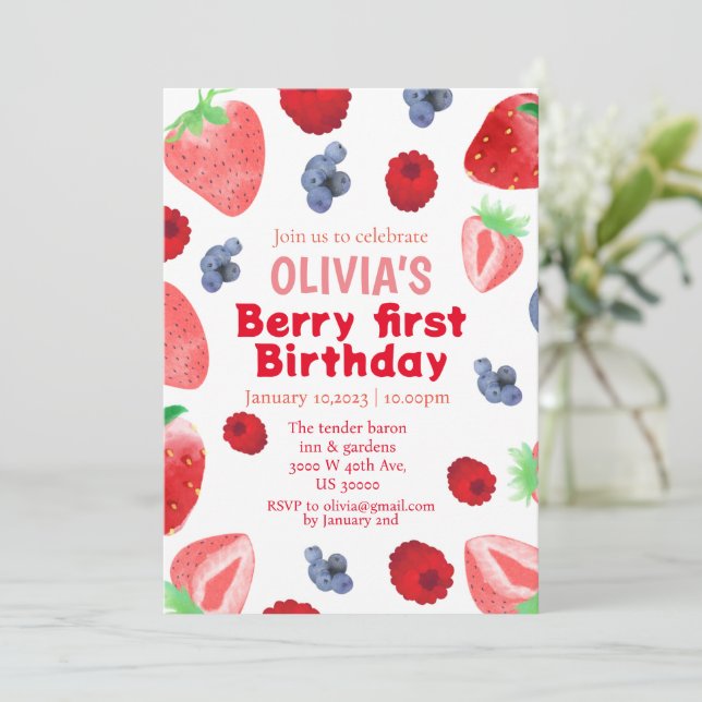 Bärsoß boho jordgubbs 1-årsfest  inbjudningar (Stående Fram)