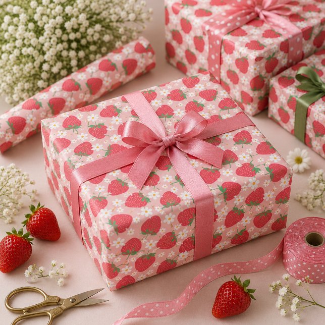 Bärsoß Jordgubb 1-års Födelsedagsfest Presentpapper (Berry Sweet Strawberry 1st Birthday Party Wrapping Paper)