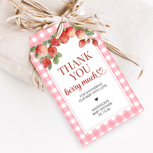 Bärsoß Jordgubbs Baby Shower Favor Märken Presentetikett (Strawberry Baby Shower Favor Tags)