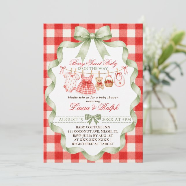 Bärsoß Jordgubbs Baby Shower Inbjudningar (Stående Fram)