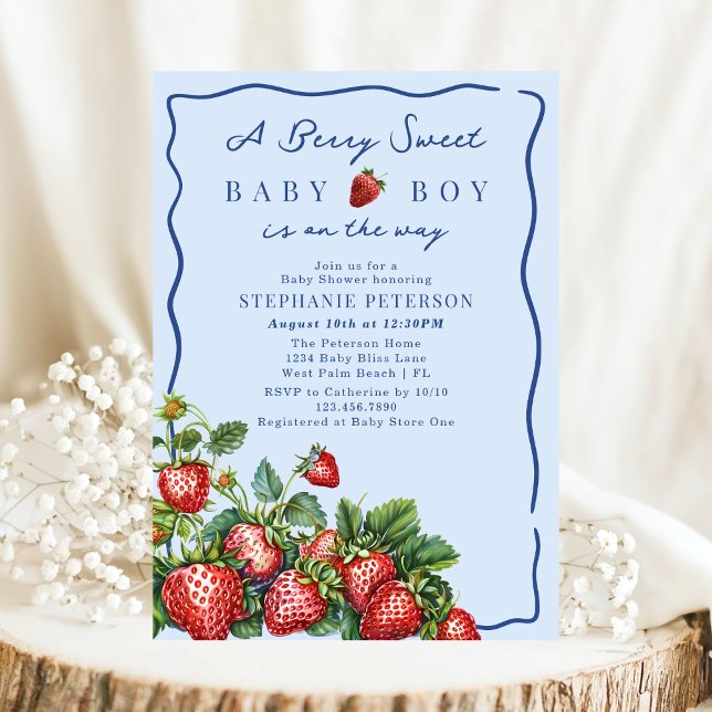 Bärsoß Jordgubbs sommar Blå pojke Baby shower Inbjudningar (Skapare uppladdad)