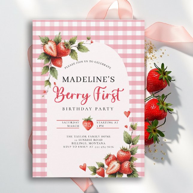 Bärsoß Jordgubbsrutig Sommar 1-års Födelsedag Inbjudningar (berry first birthday party invitation girls strawberry 1st watercolor summer farmhouse cottage patch)