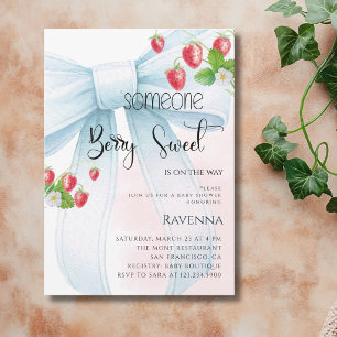 Bärsoß söt preppy blå rosett jordgubb bebisshower inbjudningar