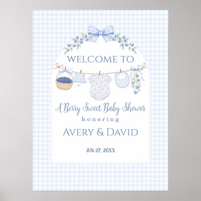 Bärsöt pojke blåbär Babyshower Poster (Framsidan)