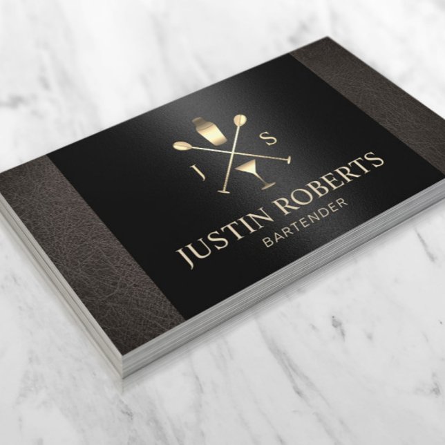Bartender Pub Klubb Elegant Leather Black Flaska Visitkort (Skapare uppladdad)
