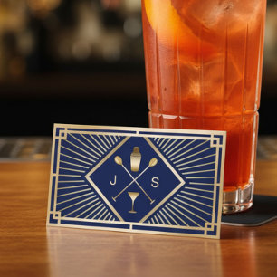 Bartender Pub Klubb Modern Navy Blue Guld Art Deco Visitkort
