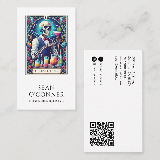 Bartender Tarot Skelett QR Visitkort (Fram/baksida)
