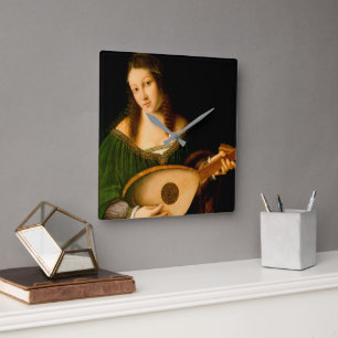 Bartolomeo Veneto Dam spelar Lute Porträtt Art Fyrkantig Klocka