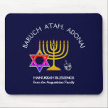 BARUCH ATAH ADONAI | Hanukkah Blessings Musmatta<br><div class="desc">Snyggt, elegant HANUKKAH BLESSINGS Muschad. Design visar en MENORAH-färgad i guld med flerfärgad STAR AV DAVID och silver grått DREIDEL. I överkanten finns en böjd text som säger BARUCH ATAH, ADONAI (välsignad är du, O Gud) och under texten står HANUKKAH BLESSINGS plus platshållare namn. ALL TEXT ÄR-ANPASSADE, så att du...</div>