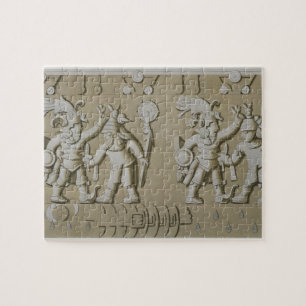 Bas lättnad av forntida Aztec krigare, från Stoe Pussel