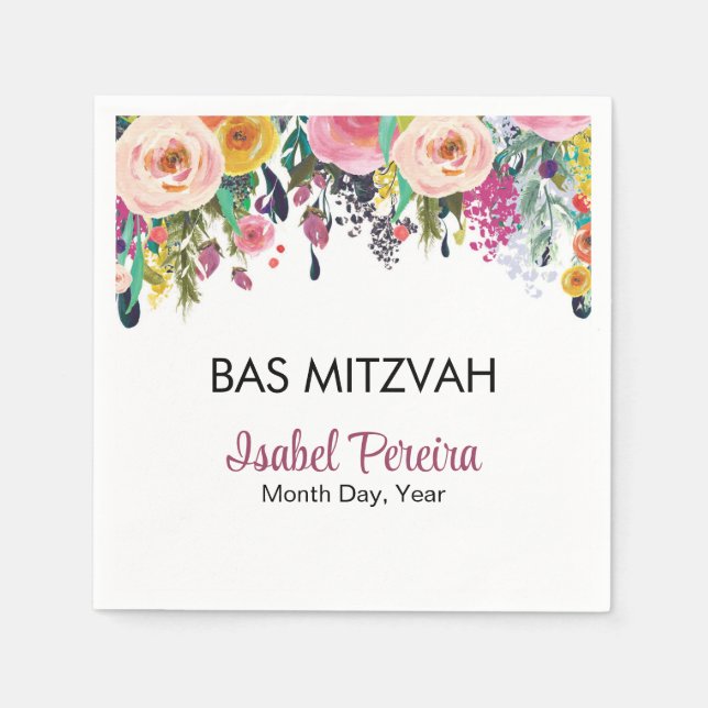 Bas Mitzvah Blommigt Napkins Personlig Pappersservett (Framsidan)