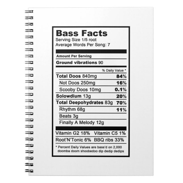 Bas- sångare "näringsrik informationsetikett ", anteckningsbok (Framsidan)