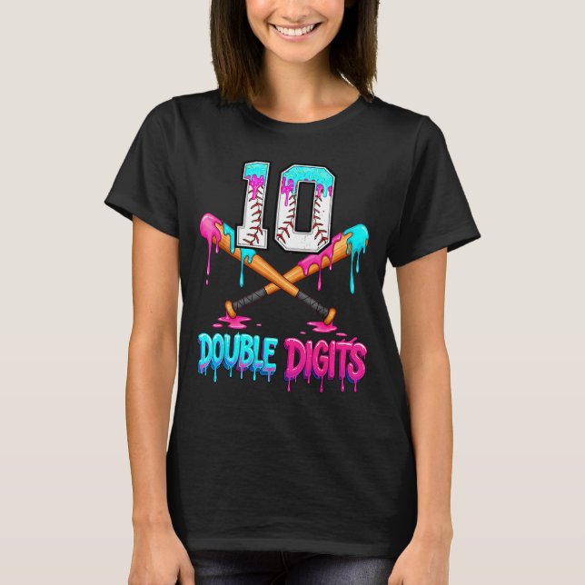 Baseball 10 Year Old Ice Cream Drip 10th Bday Doub T Shirt (Framsida)