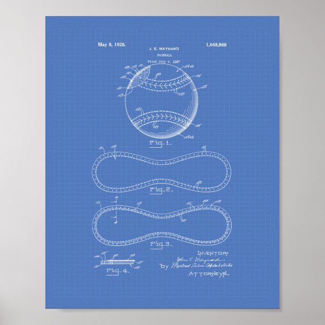 Baseball 1928 Patent Art - blåkopia Poster (Framsidan)