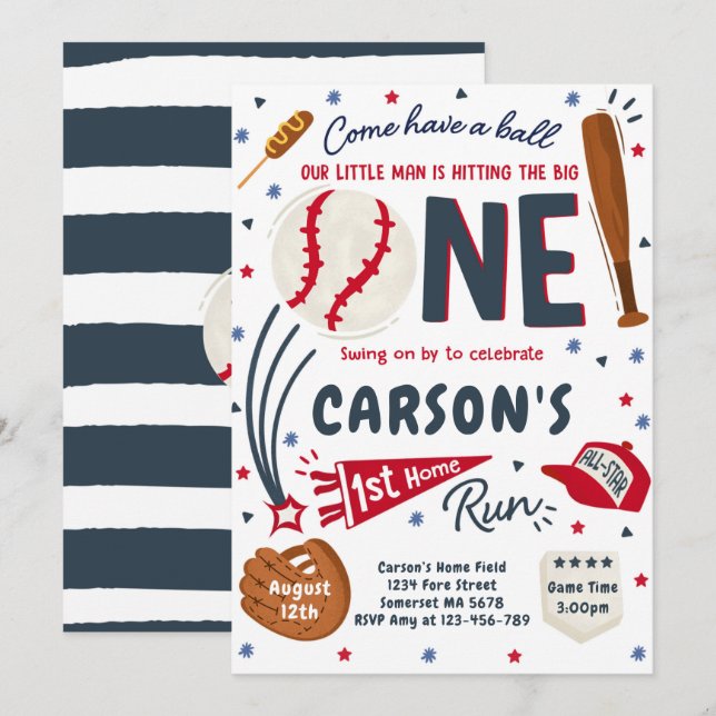 Baseball 1:a Födelsedagsfesten Springa, hem Inbjudningar (Fram/baksida)