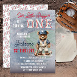 Baseball 1st Birthday Teddy Bear Little Slugger  Inbjudningar<br><div class="desc">Celebrate your little slugger’s big milestone with this adorable teddy bear baseball first birthday invitation. A charming vintage-style teddy bear dressed in a classic baseball uniform stands on the field ready for the big game, making this design perfect for a baseball themed baby or toddler birthday celebration. The soft blue...</div>