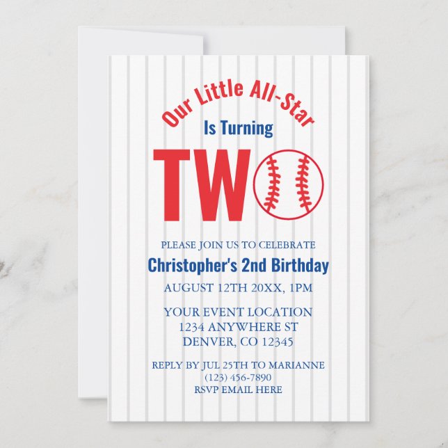 Baseball 2:a födelsedag med alla stjärnor inbjudningar (Framsida)