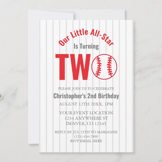Baseball 2:a födelsedag med alla stjärnor inbjudningar (Framsida)