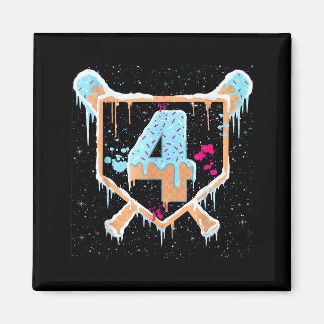 Baseball 4 Year Old Ice Cream Drip 4th Birthday Bo Magnet (Framsidan)