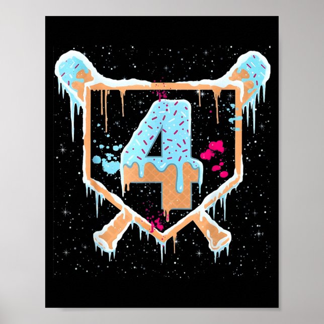 Baseball 4 Year Old Ice Cream Drip 4th Birthday Bo Poster (Framsidan)