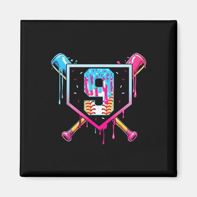 Baseball 9 Year Old Ice Cream Drip 9th Birthday Bo Magnet (Framsidan)
