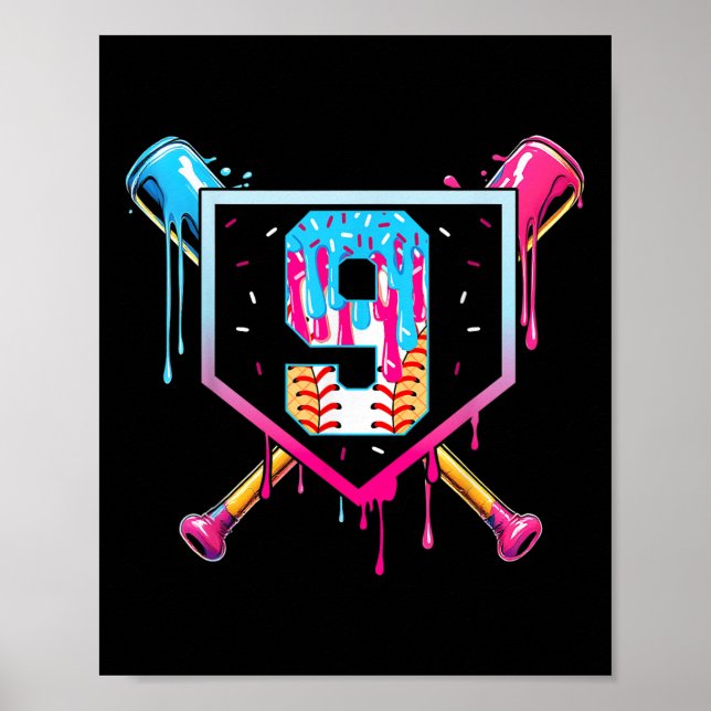 Baseball 9 Year Old Ice Cream Drip 9th Birthday Bo Poster (Framsidan)