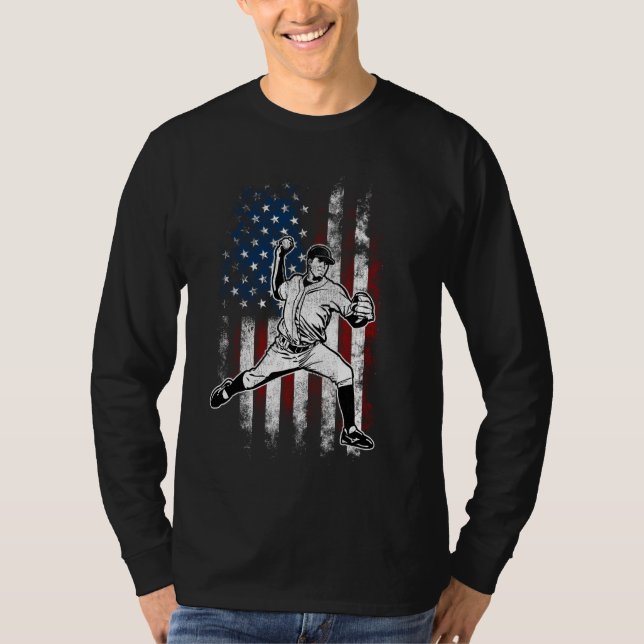 Baseball American Flagga Pitcher USA Pitcher 4:e a T Shirt (Framsida)