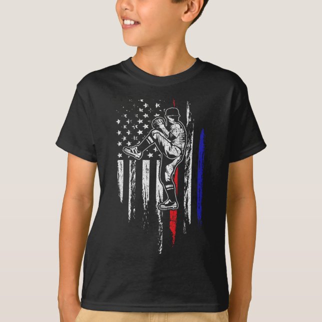 Baseball American Flagga Pitcher Usa Pitching 4:e T Shirt (Framsida)