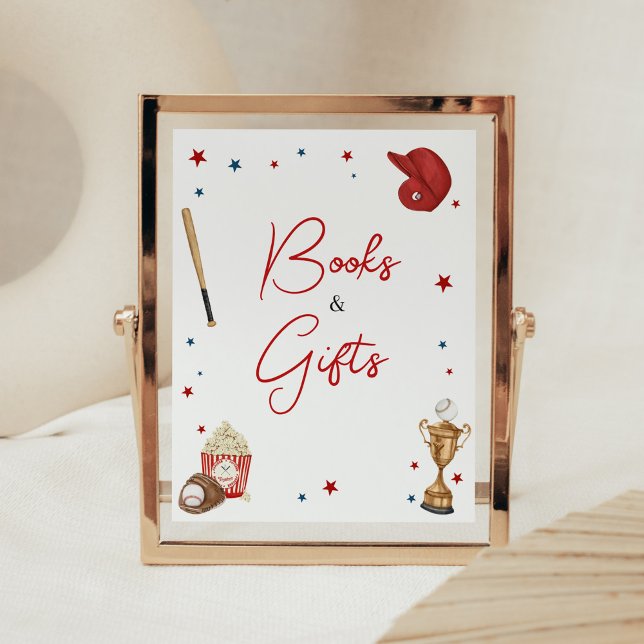 Baseball Baby Shower Bokar och presenter Poster (Oh Boy Little Slugger Baby Shower Books Sign)